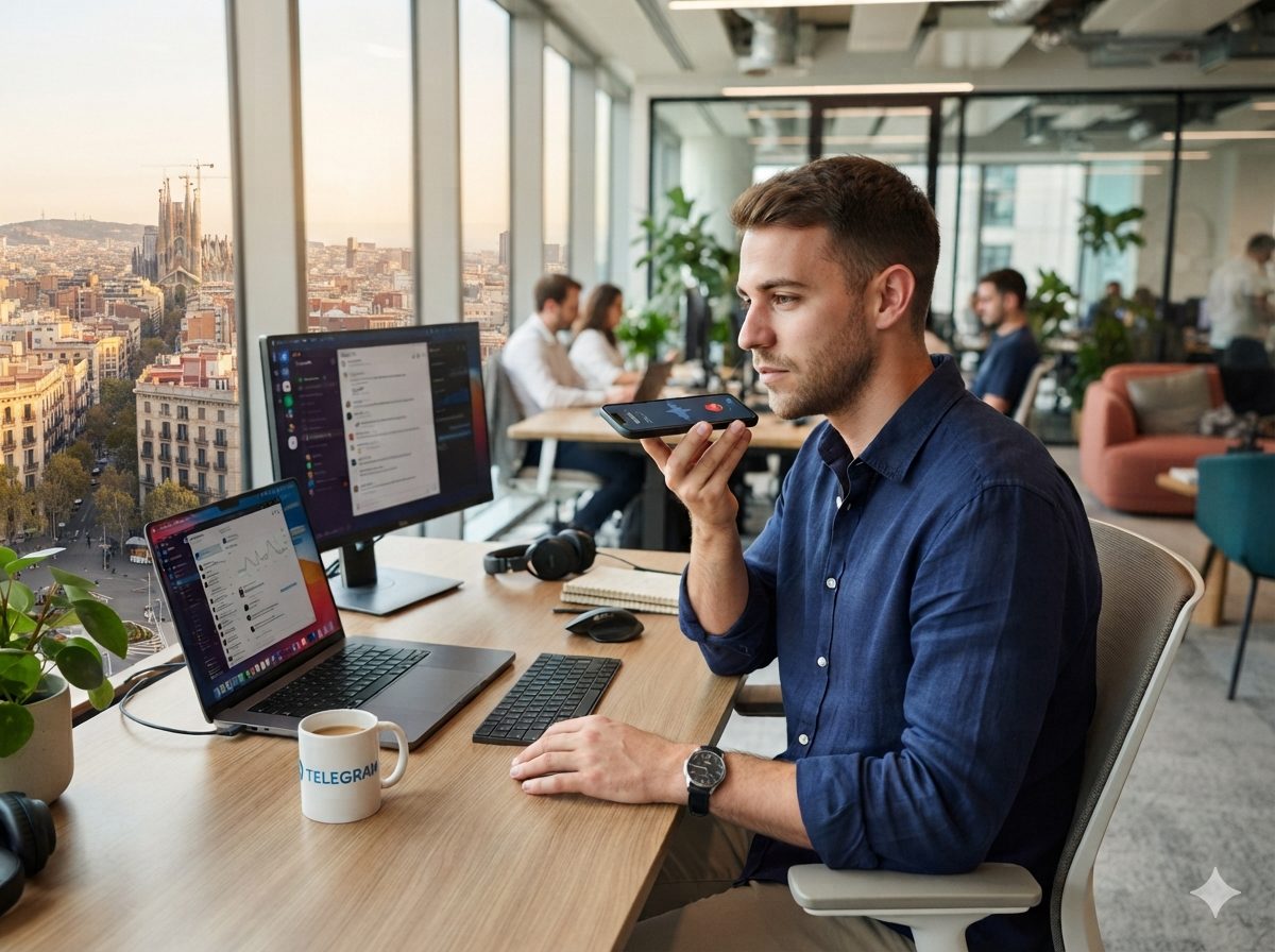 Persona enviando un audio a su agente por Telegram desde el móvil, en una oficina de Barcelona