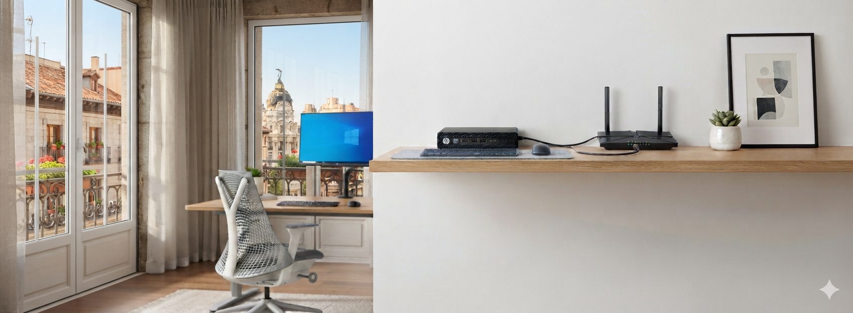 Mini PC HP ProDesk instalado en una repisa de una oficina, junto al router, con el puesto de trabajo al fondo